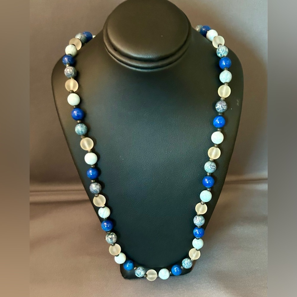 Vintage Multicolor Blue White Glass Beaded Long Strand Necklace